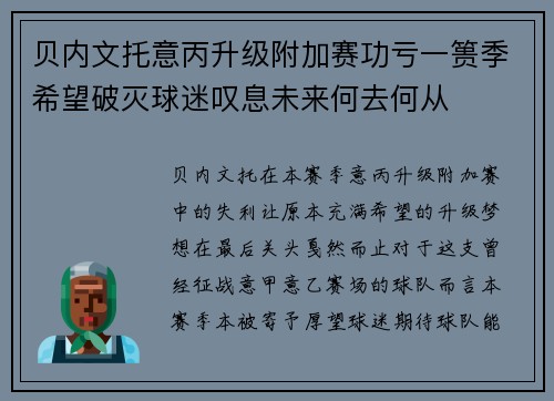 贝内文托意丙升级附加赛功亏一篑季希望破灭球迷叹息未来何去何从