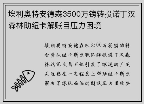 埃利奥特安德森3500万镑转投诺丁汉森林助纽卡解账目压力困境 埃利奥特安德森3500万镑转投诺丁汉森林助纽卡解账目压力困境