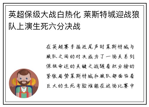 英超保级大战白热化 莱斯特城迎战狼队上演生死六分决战